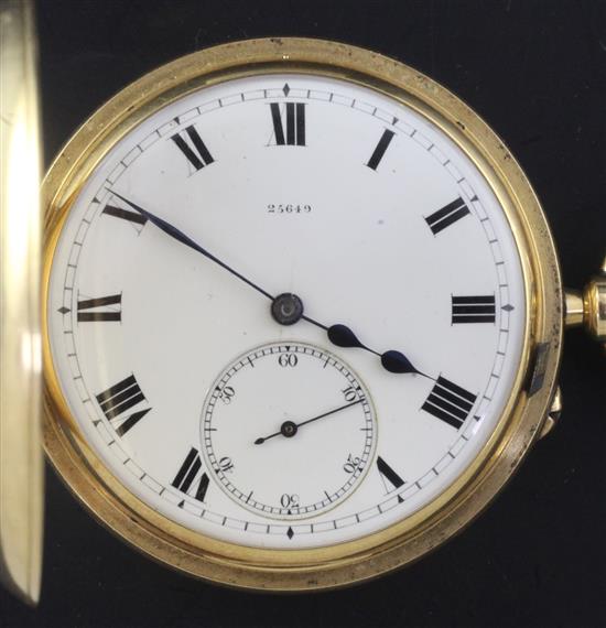 An 18ct gold half hunter keyless lever pocket watch, by Johnson Walker and Tolhurst, Class A Kew Certificate,